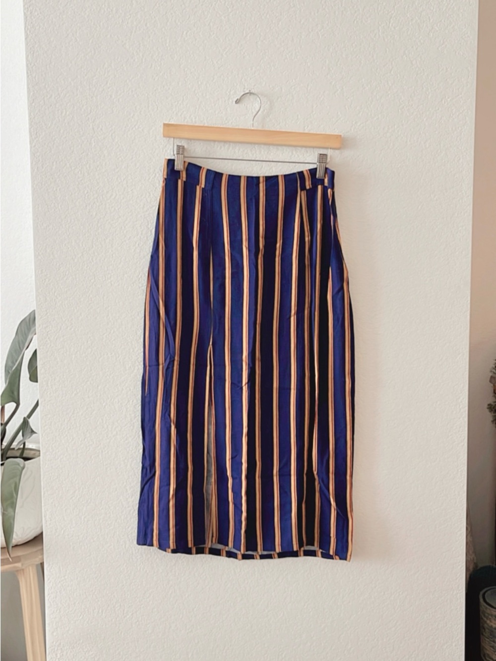 Free People Navy and Tan Vertical Stripe Midi Skirt